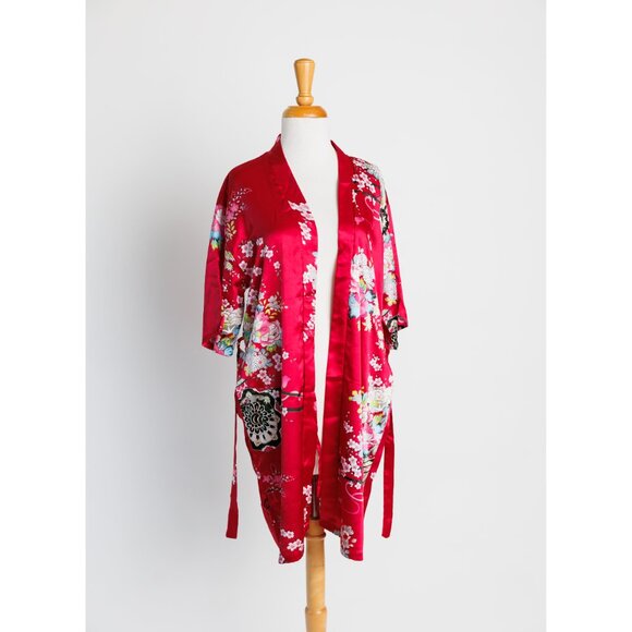 Chinese dressing robe, floral print red short dressing robe, 100% cotton - Picture 4 of 10